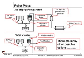 8
GEO-November 08
Holcim Group Support Course for Cement Applications 2008
Roller Press
Two stage grinding system
Separator
fines
Mill feed bin
(intermediate
product)
Separator
returns
Final Product
RP fresh
feed
Finish grinding
Final Product
RP fresh
feed
Separator
returns
De-agglomerator
There are many
other possible
options (see next slide)
 