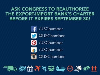 ASK CONGRESS TO REAUTHORIZE
THE EXPORT-IMPORT BANK’S CHARTER
BEFORE IT EXPIRES JUNE 30!
Contact Officials
Sign the Petition
 