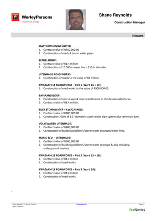 Shane Cv shane Reynolds - CV Worley Parsons | PDF