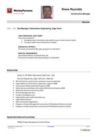 Shane Cv shane Reynolds - CV Worley Parsons | PDF