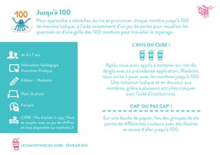LES SMOOTHIES DU CUBE - FÉVRIER 2015
CAP’ OU PAS CAP’ !
L’AVIS DU CUBE !
Jusqu’à 100
Pour apprendre à identifier, écrire et prononcer chaque nombre jusqu’à 100
de manière ludique, à l’aide notamment d’un jeu de perles pour visualiser les
quantités et d’une grille des 100 nombres pour travailler le repérage.
Sur une feuille de papier, fais des groupes de dix
points de différentes couleurs avec des feutres
et essaie d’aller jusqu’à 100.
Après nous avoir appris à compter sur nos dix
doigts avec sa précédente application, Marbotic
nous invite à jouer avec les nombres jusqu’à 100.
Une initiation ludique et en douceur aux
nombres, grâce à plusieurs activités conçues
avec l’aide d’institutrices.
#éducation #pédagogie
#nombres #ludique
Editeur : Marbotic
iPad | Android
2,99€ | Pas d’achat in-app | Peut
se coupler avec un jeu de chiffres
en bois disponible sur marbotic.fr
français
de 4 à 7 ans
 