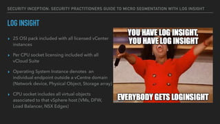 SECURITY INCEPTION: SECURITY PRACTITIONERS GUIDE TO MICRO SEGMENTATION WITH LOG INSIGHT
LOG INSIGHT
▸ 25 OSI pack included...