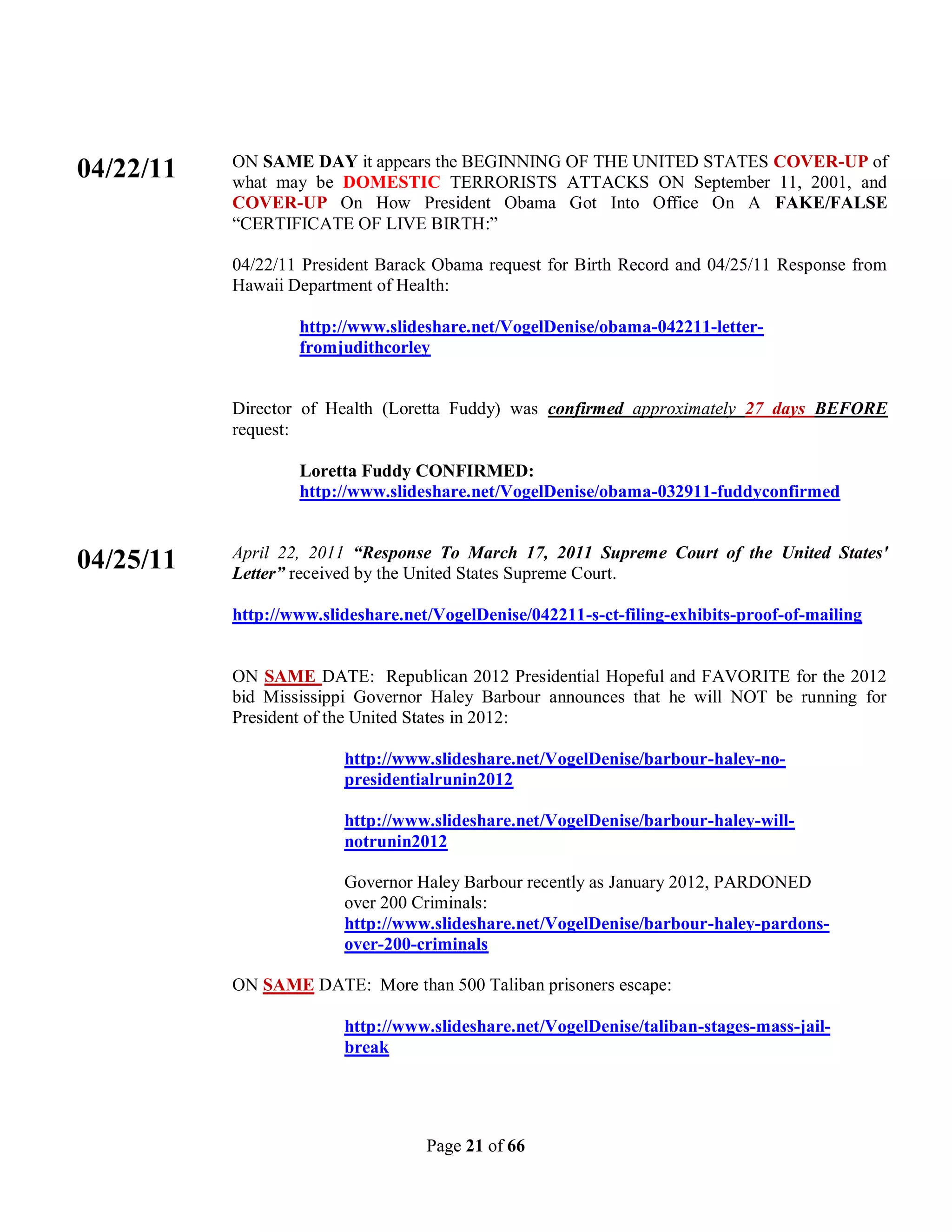 ON SAME DAY it appears the BEGINNING OF THE UNITED STATES COVER-UP of
04/22/11   what may be DOMESTIC TERRORISTS ATTACKS ON September 11, 2001, and
           COVER-UP On How President Obama Got Into Office On A FAKE/FALSE
           “CERTIFICATE OF LIVE BIRTH:”

           04/22/11 President Barack Obama request for Birth Record and 04/25/11 Response from
           Hawaii Department of Health:

                   http://www.slideshare.net/VogelDenise/obama-042211-letter-
                   fromjudithcorley


           Director of Health (Loretta Fuddy) was confirmed approximately 27 days BEFORE
           request:

                   Loretta Fuddy CONFIRMED:
                   http://www.slideshare.net/VogelDenise/obama-032911-fuddyconfirmed


           April 22, 2011 “Response To March 17, 2011 Supreme Court of the United States'
04/25/11   Letter” received by the United States Supreme Court.

           http://www.slideshare.net/VogelDenise/042211-s-ct-filing-exhibits-proof-of-mailing


           ON SAME DATE: Republican 2012 Presidential Hopeful and FAVORITE for the 2012
           bid Mississippi Governor Haley Barbour announces that he will NOT be running for
           President of the United States in 2012:

                         http://www.slideshare.net/VogelDenise/barbour-haley-no-
                         presidentialrunin2012

                         http://www.slideshare.net/VogelDenise/barbour-haley-will-
                         notrunin2012

                         Governor Haley Barbour recently as January 2012, PARDONED
                         over 200 Criminals:
                         http://www.slideshare.net/VogelDenise/barbour-haley-pardons-
                         over-200-criminals

           ON SAME DATE: More than 500 Taliban prisoners escape:

                         http://www.slideshare.net/VogelDenise/taliban-stages-mass-jail-
                         break




                                    Page 21 of 66
 