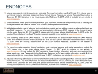 32
www.kinross.com
32
ENDNOTES
1) Mineral reserves and mineral resources are estimates. For more information regarding Kinross’ 2016 mineral reserve
and mineral resource estimates, please refer to our Annual Mineral Reserve and Mineral Resource Statement as at
December 31, 2016 contained in our news release dated February 15, 2017, which is available on our website at
www.kinross.com.
2) Unless otherwise noted, gold equivalent production, gold equivalent ounces sold and production cost of sales figures
in this presentation are based on Kinross’ 90% share of Chirano production and sales.
3) Attributable production cost of sales per gold equivalent ounce sold and per gold ounce sold on a by-product basis are
non-GAAP measures. For more information and a reconciliation of this non-GAAP measure for the three and twelve
months ended December 31, 2016 and 2015, please refer to the news release dated February 15, 2017, under the
heading “Reconciliation of non-GAAP financial measures”, available on our website at www.kinross.com.
4) All-in sustaining cost is a non-GAAP measure. For more information and a reconciliation of this non-GAAP measure
for the three and twelve months ended December 31, 2016 and 2015, please refer to the news release dated February
15, 2017 under the heading “Reconciliation of non-GAAP financial measures”, available on our website at
www.kinross.com.
5) For more information regarding Kinross’ production, cost, overhead expense and capital expenditures outlook for
2017, please refer to the news release dated February 15, 2017 which is available on our website at
www.kinross.com. Kinross’ outlook for 2017 represents forward-looking information and users are cautioned that
actual results may vary. Please refer to the Cautionary Statement on Forward-Looking Information on slide 2 of this
presentation and in our news release dated February 15, 2017, available on our website at www.kinross.com.
6) Adjusted net earnings attributable to common shareholders and adjusted operating cash flow numbers are non-GAAP
financial measures. For more information and a reconciliation of these non-GAAP measures for the three and twelve
months ended December 31, 2016 and 2015, please refer to the news release dated February 15, 2017, under the
heading “Reconciliation of non-GAAP financial measures”, available on our website at www.kinross.com.
 