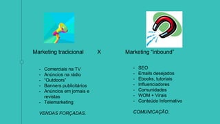 Marketing tradicional X Marketing “inbound”
- SEO
- Emails desejados
- Ebooks, tutoriais
- Influenciadores
- Comunidades
- WOM + Virais
- Conteúdo Informativo
COMUNICAÇÃO.
- Comerciais na TV
- Anúncios na rádio
- “Outdoors”
- Banners publicitários
- Anúncios em jornais e
revistas
- Telemarketing
VENDAS FORÇADAS.
 