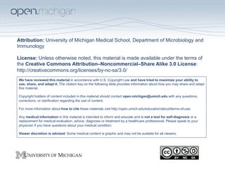 Attribution: University of Michigan Medical School, Department of Microbiology and
Immunology

License: Unless otherwise noted, this material is made available under the terms of
the Creative Commons Attribution–Noncommercial–Share Alike 3.0 License:
http://creativecommons.org/licenses/by-nc-sa/3.0/
We have reviewed this material in accordance with U.S. Copyright Law and have tried to maximize your ability to
use, share, and adapt it. The citation key on the following slide provides information about how you may share and adapt
this material.

Copyright holders of content included in this material should contact open.michigan@umich.edu with any questions,
corrections, or clarification regarding the use of content.

For more information about how to cite these materials visit http://open.umich.edu/education/about/terms-of-use.

Any medical information in this material is intended to inform and educate and is not a tool for self-diagnosis or a
replacement for medical evaluation, advice, diagnosis or treatment by a healthcare professional. Please speak to your
physician if you have questions about your medical condition.

Viewer discretion is advised: Some medical content is graphic and may not be suitable for all viewers.
 