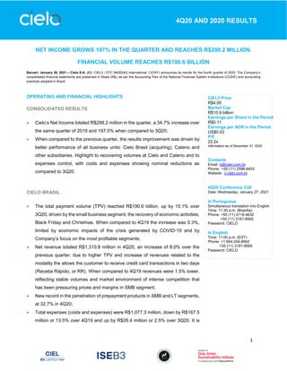 1
4Q20 AND 2020 RESULTS
NET INCOME GROWS 197% IN THE QUARTER AND REACHES R$298.2 MILLION.
FINANCIAL VOLUME REACHES R$190.6 BILLION
Barueri, January 26, 2021 – Cielo S.A. (B3: CIEL3 / OTC NASDAQ International: CIOXY) announces its results for the fourth quarter of 2020. The Company’s
consolidated financial statements are presented in Reais (R$), as per the Accounting Plan of the National Financial System Institutions (COSIF) and accounting
practices adopted in Brazil.
OPERATING AND FINANCIAL HIGHLIGHTS
CONSOLIDATED RESULTS
 Cielo’s Net Income totaled R$298.2 million in the quarter, a 34.7% increase over
the same quarter of 2019 and 197.0% when compared to 3Q20;
 When compared to the previous quarter, the results improvement was driven by
better performance of all business units: Cielo Brasil (acquiring), Cateno and
other subsidiaries. Highlight to recovering volumes at Cielo and Cateno and to
expenses control, with costs and expenses showing nominal reductions as
compared to 3Q20.
CIELO BRASIL
 The total payment volume (TPV) reached R$190.6 billion, up by 15.1% over
3Q20, driven by the small business segment, the recovery of economic activities,
Black Friday and Christmas. When compared to 4Q19 the increase was 0.3%,
limited by economic impacts of the crisis generated by COVID-19 and by
Company’s focus on the most profitable segments;
 Net revenue totaled R$1,310.8 million in 4Q20, an increase of 8.0% over the
previous quarter, due to higher TPV and increase of revenues related to the
modality the allows the customer to receive credit card transactions in two days
(Receba Rápido, or RR). When compared to 4Q19 revenues were 1.5% lower,
reflecting stable volumes and market environment of intense competition that
has been pressuring prices and margins in SMB segment;
 New record in the penetration of prepayment products in SMB and LT segments,
at 32.7% in 4Q20;
 Total expenses (costs and expenses) were R$1,077.3 million, down by R$167.5
million or 13.5% over 4Q19 and up by R$26.4 million or 2.5% over 3Q20. It is
CIEL3 Price
R$4.00
Market Cap
R$10.9 billion
Earnings per Share in the Period
R$0.11
Earnings per ADR in the Period
US$0.02
P/E
22.2x
Information as of December 31, 2020
Contacts
Email: ri@cielo.com.br
Phone: +55 (11) 2596-8453
Website: ri.cielo.com.br
4Q20 Conference Call
Date: Wednesday, January 27, 2021
In Portuguese
Simultaneous translation into English
Time: 11:30 a.m. (Brasília)
Phone: +55 (11) 4118-4632
+55 (11) 3181-8565
Password: CIELO
In English
Time: 11:00 p.m. (EST)
Phone: +1 844-204-8942
+55 (11) 3181-8565
Password: CIELO
 