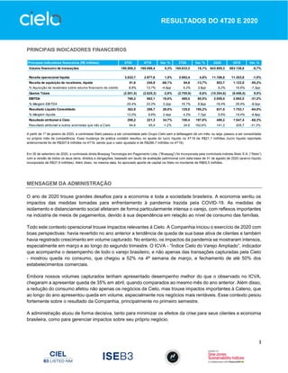 3
RESULTADOS DO 4T20 E 2020
PRINCIPAIS INDICADORES FINANCEIROS
A partir de 1º de janeiro de 2020, a controlada Stelo passou a ser consolidada pelo Grupo Cielo sem a defasagem de um mês, ou seja, passou a ser consolidada
no próprio mês de competência. Essa mudança de prática contábil resultou no ajuste do lucro líquido no 4T19 de R$21,1 milhões (lucro líquido reportado
anteriormente foi de R$307,8 milhões no 4T19, sendo que o valor ajustado é de R$286,7 milhões no 4T19).
Em 30 de setembro de 2020, a controlada direta Braspag Tecnologia em Pagamento Ltda. (“Braspag”) foi incorporada pela controlada indireta Stelo S.A. (“Stelo”)
com a versão de todos os seus bens, direitos e obrigações, baseado em laudo de avaliação patrimonial com data-base de 31 de agosto de 2020 (acervo líquido
incorporado de R$37,9 milhões). Além disso, na mesma data, foi aprovado aporte de capital na Stelo no montante de R$65,5 milhões.
MENSAGEM DA ADMINISTRAÇÃO
O ano de 2020 trouxe grandes desafios para a economia e toda a sociedade brasileira. A economia sentiu os
impactos das medidas tomadas para enfrentamento à pandemia trazida pela COVID-19. As medidas de
isolamento e distanciamento social afetaram de forma particularmente intensa o varejo, com reflexos importantes
na indústria de meios de pagamentos, devido à sua dependência em relação ao nível de consumo das famílias.
Todo este contexto operacional trouxe impactos relevantes à Cielo. A Companhia iniciou o exercício de 2020 com
boas perspectivas: havia revertido no ano anterior a tendência de queda de sua base ativa de clientes e também
havia registrado crescimento em volume capturado. No entanto, os impactos da pandemia se mostraram intensos,
especialmente em março e ao longo do segundo trimestre. O ICVA - “Índice Cielo do Varejo Ampliado”, indicador
que acompanha o desempenho de todo o varejo brasileiro, e não apenas das transações capturadas pela Cielo
- mostrou queda no consumo, que chegou a 52% na 4ª semana de março, e fechamento de até 50% dos
estabelecimentos comerciais.
Embora nossos volumes capturados tenham apresentado desempenho melhor do que o observado no ICVA,
chegaram a apresentar queda de 35% em abril, quando comparados ao mesmo mês do ano anterior. Além disso,
a redução do consumo afetou não apenas os negócios da Cielo, mas trouxe impactos importantes à Cateno, que
ao longo do ano apresentou queda em volume, especialmente nos negócios mais rentáveis. Esse contexto pesou
fortemente sobre o resultado da Companhia, principalmente no primeiro semestre.
A administração atuou de forma decisiva, tanto para minimizar os efeitos da crise para seus clientes e economia
brasileira, como para gerenciar impactos sobre seu próprio negócio.
Principais indicadores financeiros (R$ milhões) 4T20 4T19 Var. % 3T20 Var. % 2020 2019 Var. %
Volume financeiro de transações 190.586,3 190.096,4 0,3% 165.633,3 15,1% 643.955,3 683.138,0 -5,7%
Receita operacional líquida 3.022,7 2.977,6 1,5% 2.882,4 4,9% 11.186,0 11.353,8 -1,5%
Receita de aquisição de recebíveis, líquida 81,6 240,8 -66,1% 94,6 -13,7% 502,7 1.123,0 -55,2%
% Aquisição de recebíveis sobre volume financeiro de crédito 8,8% 13,7% -4,9pp 5,2% 3,6pp 9,2% 16,5% -7,3pp
Gastos Totais (2.551,0) (2.625,3) -2,8% (2.700,9) -5,6% (10.354,6) (9.456,5) 9,5%
EBITDA 768,2 662,1 16,0% 480,0 60,0% 2.058,0 2.992,0 -31,2%
% Margem EBITDA 25,4% 22,2% 3,2pp 16,7% 8,8pp 18,4% 26,4% -8,0pp
Resultado Líquido Consolidado 362,8 286,7 26,5% 125,0 190,2% 631,5 1.753,1 -64,0%
% Margem líquida 12,0% 9,6% 2,4pp 4,3% 7,7pp 5,6% 15,4% -9,8pp
Resultado atribuível à Cielo 298,2 221,3 34,7% 100,4 197,0% 490,2 1.547,4 -68,3%
Resultado atribuível a outros acionistas que não a Cielo 64,6 65,4 -1,2% 24,6 162,6% 141,3 205,7 -31,3%
 