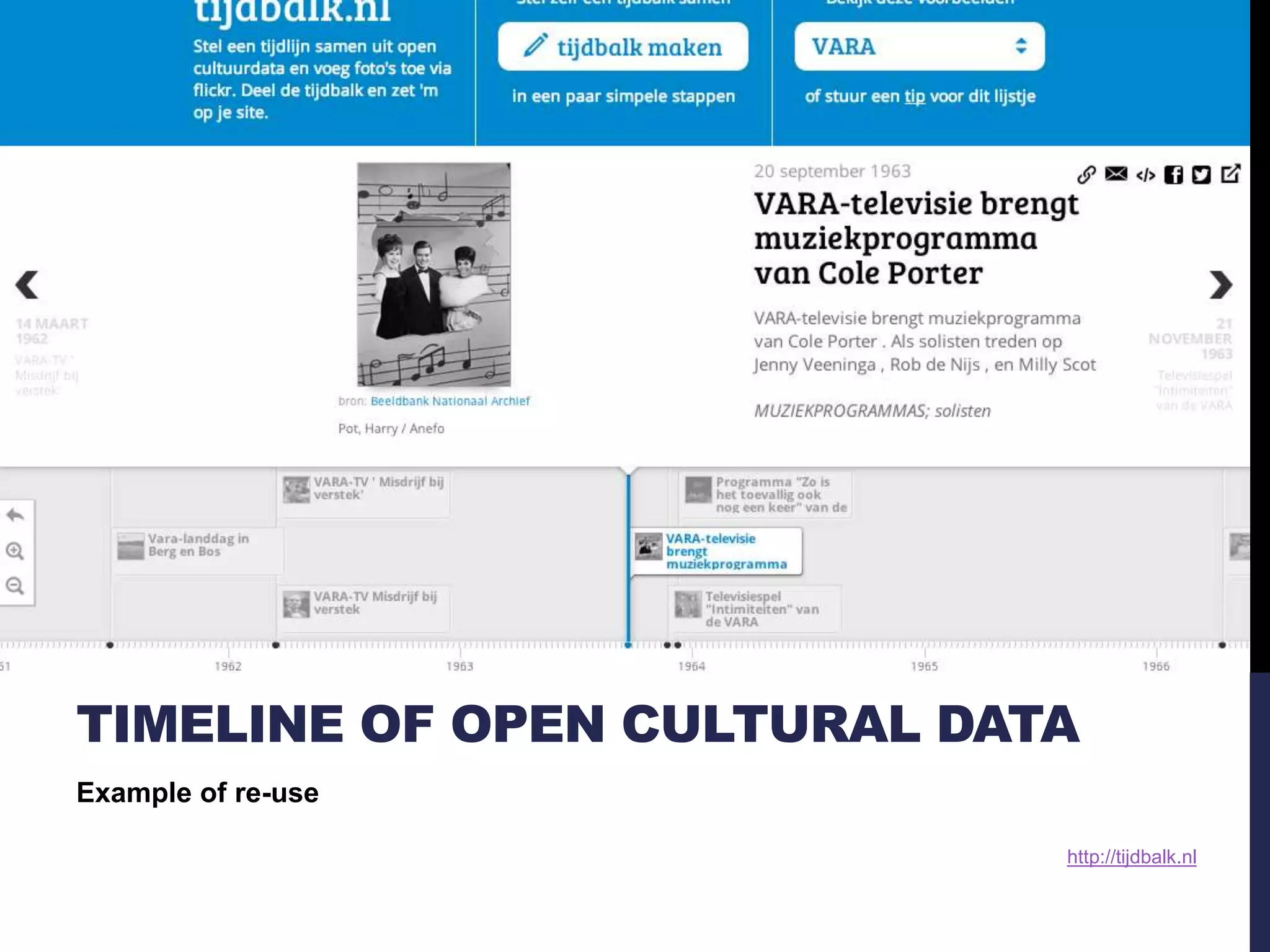 TIMELINE OF OPEN CULTURAL DATA 
http://tijdbalk.nl 
Example of re-use 
 