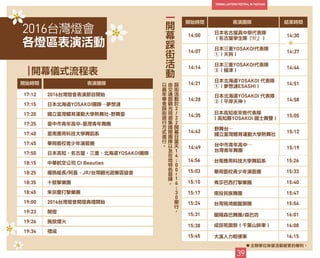 9
39
2016台灣燈會
各燈區表演活動
開始時間 表演團隊 結束時間
14:00
日本名古屋真中祭代表隊
（名古屋學生隊『鯱』）
14:30
14:07
日本三重YOSAKOI代表隊
①（天狗）
14:37
14:14
日本三重YOSAKOI代表隊
②（極津）
14:44
14:21
日本北海道YOSAKOI 代表隊
①（夢想漣ESASHI）
14:51
14:28
日本北海道YOSAKOI 代表隊
②（平岸天神） 14:58
14:35
日本高知夜來祭代表隊
（高知縣YOSAKOI 國士舞雙）
15:05
14:42
野舞台─
國立臺灣體育運動大學熱舞社
15:12
14:49
台中市青年高中─
台灣青年舞團
15:19
14:56 台南應用科技大學舞蹈系 15:26
15:03 華岡藝校青少年演藝團 15:33
15:10 弗莎巴西打擊樂團 15:40
15:17 南投民族舞團 15:47
15:24 台灣飛鴻館龍獅團 15:54
15:31 蘭陽森巴舞團/森巴坊 16:01
15:38 成田祇園祭（千葉山鉾車） 16:08
15:45 大溪人力輕便車 16:15
開
幕
踩
街
活
動
踩
街
活
動
於
2
/
2
2
開
幕
日
當
天
1
4
:
0
0
1
6
:
3
0
舉
行
，
由
交
通
部
觀
光
局
邀
集
國
際
團
隊
以
及
在
地
特
色
藝
陣
，
以
嘉
年
華
會
踩
街
遊
行
方
式
進
行
。
開幕儀式流程表
開始時間 表演團隊
2016台灣燈會表演節目開始
日本北海道YOSAKOI團隊─夢想漣
國立臺灣體育運動大學熱舞社-野舞臺
臺中市青年高中-臺灣青年舞團
臺南應用科技大學舞蹈系
華岡藝校青少年演藝團
日本高知、名古屋、三重、北海道YOSAKOI團隊
中華航空公司 CI Beauties
喔熊組長/阿喜、JR/台灣觀光遊樂區協會
十鼓擊樂團
朱宗慶打擊樂團
2016台灣燈會開燈典禮開始
開燈
施放煙火
禮成
17:12
17:15
17:20
17:25
17:40
17:45
17:50
18:15
18:25
18:35
18:45
19:00
19:23
19:26
19:34
主辦單位保留活動變更的權利。
～
 