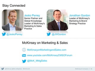 McKinsey & Company | 26@McKinsey @McK_MktgSales #McKGrowth
www.youtube.com/McKinseyCMSOForum
@McK_MktgSales
McKinseyonMarketingandSales.com
@JeskoPerrey
Jesko Perrey
Senior Partner and
Global Knowledge
Leader of McKinsey's
Marketing & Sales
Practice
Jonathan Gordon
Leader of McKinsey's
Marketing & Brand
Strategy Practice
McKinsey on Marketing & Sales
@JWGordon
Stay Connected
 
