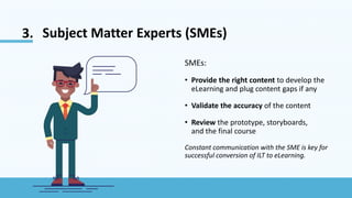Subject Matter Experts (SMEs)
SMEs:
• Provide the right content to develop the
eLearning and plug content gaps if any
• Validate the accuracy of the content
• Review the prototype, storyboards,
and the final course
Constant communication with the SME is key for
successful conversion of ILT to eLearning.
3.
 