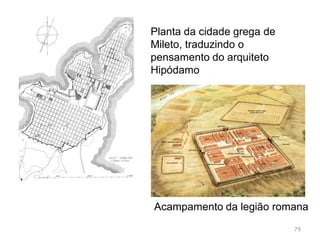 79
cardo
decumanos
Sistema ortogonal
Duas ruas principais que se
cruzavam no centro da cidade
Perto do cruzamento do
cardo e decumanos
situa-se o fórum
 