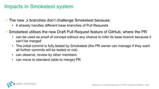 • The new .x branches don’t challenge Smoketest because:
• It already handles different base branches of Pull Requests
• Smoketest utilises the new Draft Pull Request feature of GitHub, where the PR
• can be used as proof of concept without any chance to infer its base branch because it
can’t be merged
• The initial commit is fully tested by Smoketest (the PR owner can manage if they want
all further commits will be tested or not)
• can observe, review by other members
• can move to standard (able to merge) PR
Release on schedule approach in HPCC Systems Platform Team
Impacts in Smoketest system
 