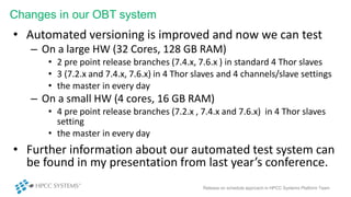Changes in our OBT system
• Automated versioning is improved and now we can test
– On a large HW (32 Cores, 128 GB RAM)
• ...