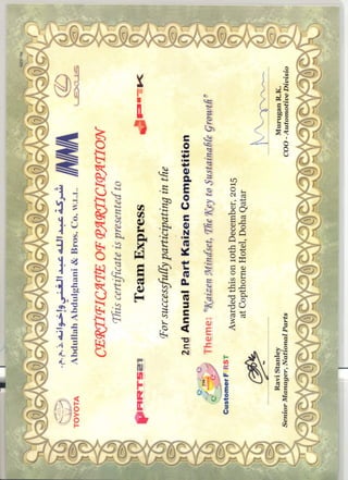 Certificate For Part Kaizen Marathon 2015(Team Lead)