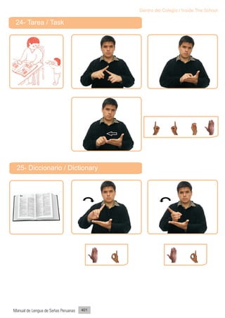 Dentro del Colegio / Inside The School

 24- Tarea / Task




 25- Diccionario / Dictionary




Manual de Lengua de Señas Peruanas   401
 