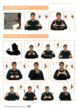 Dentro del Colegio / Inside The School

 6- Libreta / Notebook




 7- Diploma / Diploma

                                     1




                       2                          3




Manual de Lengua de Señas Peruanas   392
 