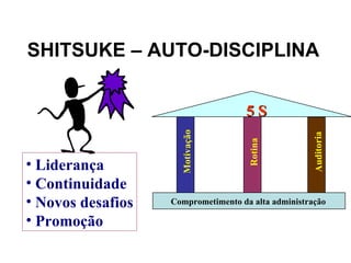 SHITSUKE – AUTO-DISCIPLINA


                                     5S



                     Motivação




                                                    Auditoria
                                     Rotina
• Liderança
• Continuidade
• Novos desafios   Comprometimento da alta administração

• Promoção
 