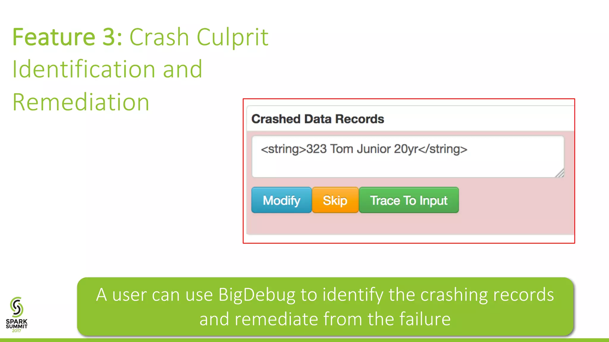 Feature	3:	Crash	Culprit Identification	and Remediation A	user	can	use	BigDebug	to	identify	the	crashing	records and	remediate	from	the	failure 