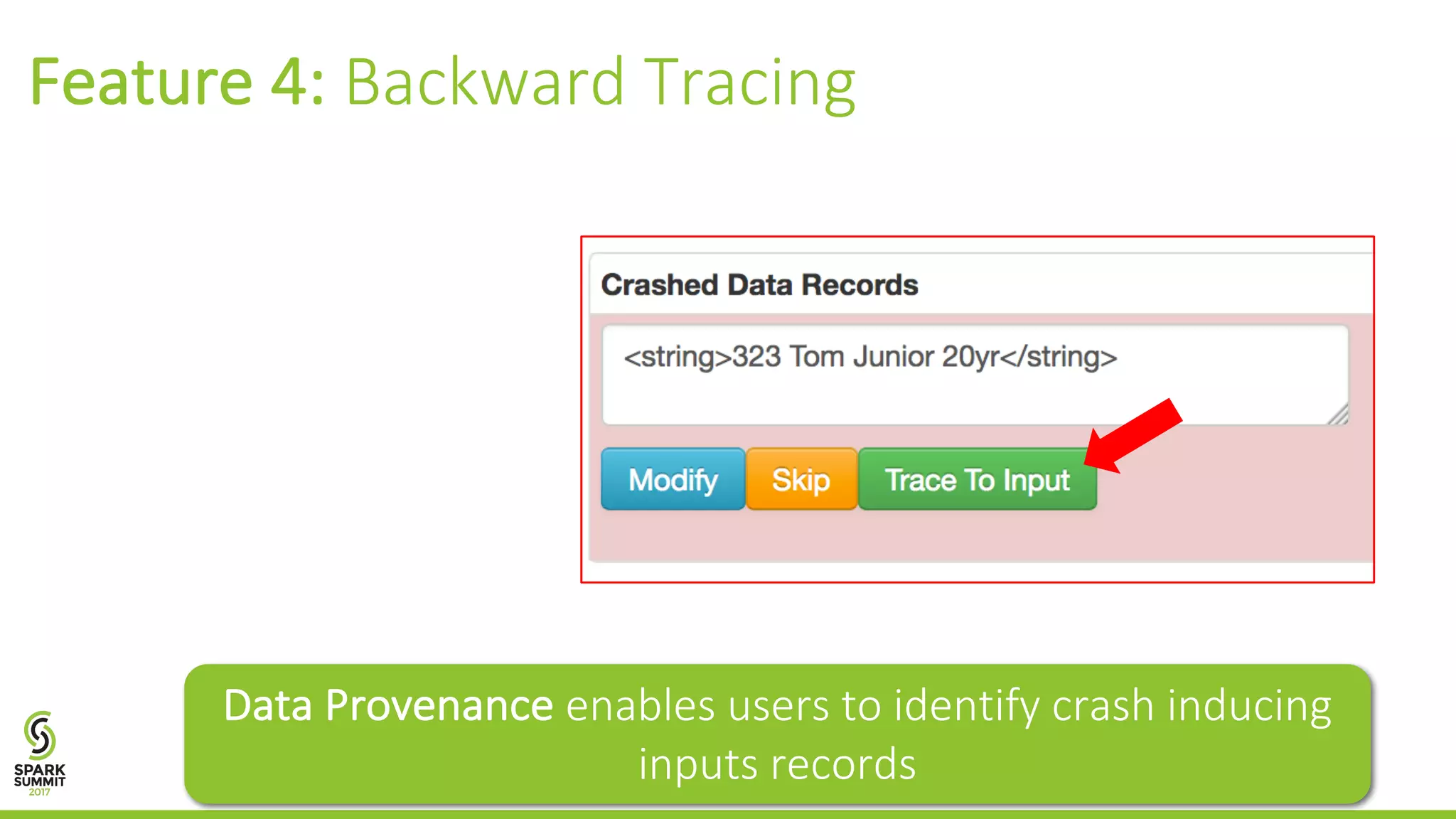 Feature	4:	Backward	Tracing Data	Provenance enables	users	to	identify	crash	inducing inputs	records 