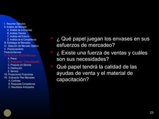 23
 ¿ Qué papel juegan los envases en sus
esfuerzos de mercadeo?
 ¿ Existe una fuerza de ventas y cuáles
son sus necesidades?
 Qué papel tendrá la calidad de las
ayudas de venta y el material de
capacitación?
I. Resumen Ejecutivo
II. Análisis del Mercado
A. Análisis de la Empresa
B. Análisis Clientes
C. Análisis del Entorno
D. Análisis de la Competencia
III. Estrategia de Mercadeo
IV. Selección del Mercado Objetivo
V. Posicionamiento
Producto/Servicio
VI. Decisiones Mezcla Mercadeo
A. Precio
B. Promoción / Comunicación
C. Producto y/o Servicio
D. Distribución
E. Servicio
VII. Proyecciones Financieras
VII. Evaluación Plan Mercadeo
A. Controles
B. Respuesta Competencia
C. Resultados Anticipados
 