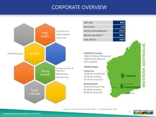CORPORATE OVERVIEW
ASX code WSA
Share price 2.16
Shares outstanding (m) 273.5
Market Cap (A$m) 1 590.7
Cash (A$m)2 150.9
COSMOS Complex
592kt Ni Mineral Resources
164kt Ni Ore Reserves
DFS complete
Flying Fox
10.0kt Ni mined FY18
26.4kt Ni reserves
83.7kt Ni resources
Spotted Quoll
14.4kt Ni mined FY18
65.6kt Ni reserves
90.4kt Ni resources
1. Based on share price on 23 November 2018 2. As at 30 September 2018
FORRESTANIA
High
Quality
Low Cash Cost
Nickel Sulphide
High Grade
No Debt$150.9M at bank2
Strong
Growth
Decision to mine at
Odysseus
MREP project
New Morning
Nickel
Leverage
5
 