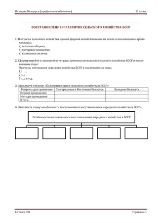 История Беларуси (профильное обучение) 11 класс
Ситник П.В. Страница 1
ВОССТАНОВЛЕНИЕ И РАЗВИТИЕ СЕЛЬСКОГО ХОЗЯЙСТВА БССР
1. В отрасли сельского хозяйства единой формой хозяйствования на земле в послевоенное время
являлась:
а) сельская община;
б) хуторское хозяйство;
в) колхозная система.
2. Сформулируйте и запишите в тетрадь причины отставания сельского хозяйства БССР в после-
военные годы:
Причины отставания сельского хозяйства БССР в послевоенные годы:
1) …;
2) …;
3) …; и т.д.
3. Заполните таблицу «Коллективизация сельского хозяйства в БССР»:
Вопросы для сравнения Центральная и Восточная Беларусь Западная Беларусь
Период проведения
Методы проведения
Итоги
4. Заполните схему «особенности послевоенного восстановления народного хозяйства в БССР»:
Особенности послевоенного восстановления народного хозяйства в БССР