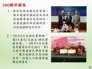 1、結合民間及國內外資源：
每年邀請外國政府及非政
府組織等進行交流研討、
派員赴國外參訪與研習，
以促進國際交流合作。
14
(四)夥伴關係
2、105年9月在移民署舉辦「
第2次臺巴(巴拉圭)移民事
務會議」、106年5月何署
長率團前往印...