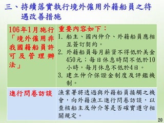 三、持續落實執行境外僱用外籍船員之待
遇改善措施
20
106年1月施行
「境外僱用非
我國籍船員許
可 及 管 理 辦
法」
重要內容如下：
1. 船主、國內仲介、外籍船員應相
互簽訂契約。
2. 外籍船員每月薪資不得低於美金
450元；每日...