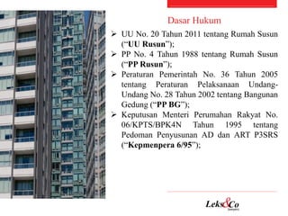  UU No. 20 Tahun 2011 tentang Rumah Susun
(“UU Rusun”);
 PP No. 4 Tahun 1988 tentang Rumah Susun
(“PP Rusun”);
 Peratur...