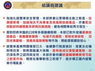 14
為強化遊覽車安全管理，本部將會以更積極主動之態度，從
源頭管理，加速淘汰不肖業者及高風險旅遊產品，亦會配合
勞動部持續稽查及研商改進措施，避免相關事故再次發生。
面對即將來臨的228等多個連續假期，本部已對外宣達嚴查旅
遊產品、推薦優質服務、 杜絕不良服務、管制老車旅程、 召
回老車嚴檢、 清查高風險駕駛等作為，期能提振國旅信心〬
遊覽車產業問題積習已久，後續靠行制度檢討、落實汰劣機
制等改革，勢將面臨重大挑戰，甚有造成社會動盪風險，故
仍須各界之認同與支持，本部亦會持續研議輔導轉業等可能
之配套作為，期使在衝擊較低之前提下，逐步導正國內遊覽
車市場亂象。
結論與建議
 