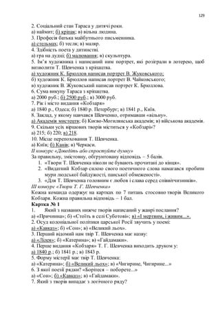 129
2. Соціальний стан Тараса у дитячі роки.
а) наймит; б) кріпак; в) вільна людина.
3. Професія батька майбутнього письменника.
а) стельмах; б) тесля; в) маляр.
4. Здібність поета у дитинстві.
а) гра на дудці; б) малювання; в) скульптура.
5. Ім’я художника і написаний ним портрет, які розіграли в лотерею, щоб
визволити Т. Шевченка з кріпацтва.
а) художник К. Брюллов написав портрет В. Жуковського;
б) художник К. Брюллов написав портрет В. Чайковського;
в) художник В. Жуковський написав портрет К. Брюллова.
6. Сума викупу Тараса з кріпацтва.
а) 2000 руб.; б) 2500 руб.; в) 3000 руб.
7. Рік і місто видання «Кобзаря»
а) 1840 р., Одеса; б) 1840 р. Петербург; в) 1841 р., Київ.
8. Заклад, у якому навчався Шевченко, отримавши «вільну».
а) Академія мистецтв; б) Києво-Могилянська академія; в) військова академія.
9. Скільки усіх віршових творів міститься у «Кобзарі»?
а) 215; б) 220; в) 218.
10. Місце перепоховання Т. Шевченка.
а) Київ; б) Канів; в) Черкаси.
ІІ конкурс «Доведіть або спростуйте думку»
За правильну, змістовну, обґрунтовану відповідь – 5 балів.
1. «Твори Т. Шевченка ніколи не бувають прочитані до кінця».
2. «Видатний Кобзар силою свого поетичного слова намагався пробити
мури людської байдужості, панської обмеженості».
3. «Для Т. Шевченка головним є любов і слава серед співвітчизників».
ІІІ конкурс «Твори Т. Г. Шевченка»
Кожна команда одержує на картках по 7 питань стосовно творів Великого
Кобзаря. Кожна правильна відповідь – 1 бал.
Картка № 1
1. Який з названих нижче творів написаний у жанрі послання?
а) «Причинна»; б) «Стоїть в селі Суботові»; в) «І мертвим, і живим...».
2. Осуд колоніальної політики царської Росії звучить у поемі:
а) «Кавказ»; б) «Сон»; в) «Великий льох».
3. Перший відомий нам твір Т. Шевченка має назву:
а) «Лілея»; б) «Катерина»; в) «Гайдамаки».
4. Перше видання «Кобзаря» Т. Г. Шевченка виходить друком у:
а) 1840 р.; б) 1841 р.; в) 1843 р.
5. Форму містерії має твір Т. Шевченка:
а) «Катерина»; б) «Великий льох»; в) «Чигирине, Чигирине...»
6. З якої поезії рядки? «Борітеся – поборете...»
а) «Сон»; б) «Кавказ»; в) «Гайдамаки».
7. Який з творів випадає з логічного ряду?
 