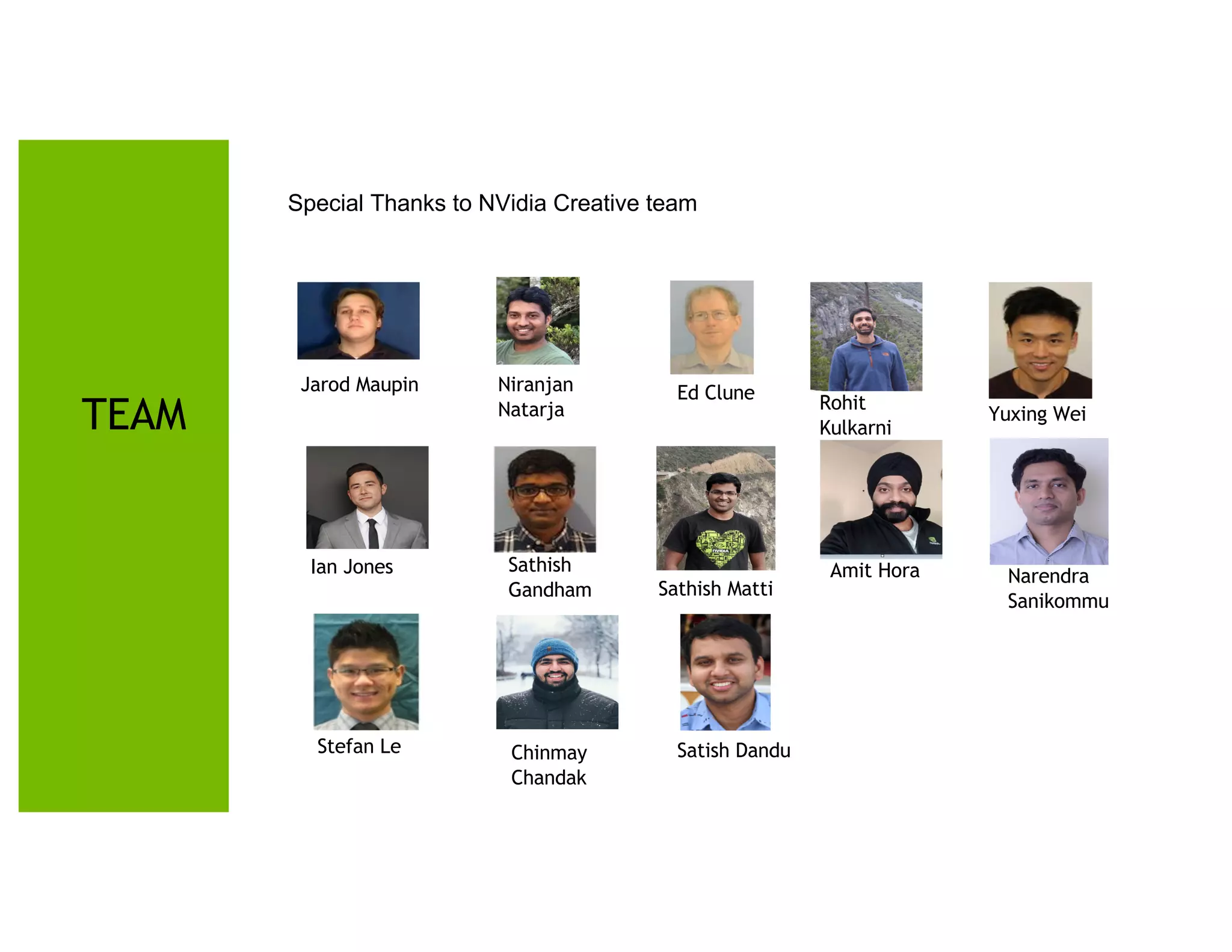 37
TEAM
Jarod Maupin Niranjan
Natarja
Ed Clune Rohit
Kulkarni
Ian Jones Amit Hora
Stefan Le Chinmay
Chandak
Narendra
Sanikommu
Sathish
Gandham Sathish Matti
Yuxing Wei
Satish Dandu
Special Thanks to NVidia Creative team
 