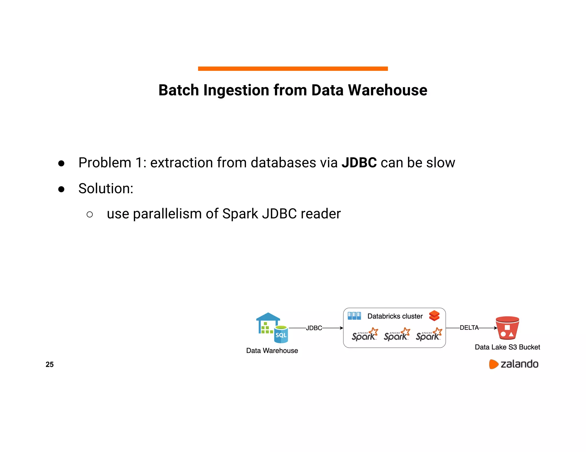 25 Batch Ingestion from Data Warehouse ● Problem 1: extraction from databases via JDBC can be slow ● Solution: ○ use parallelism of Spark JDBC reader 