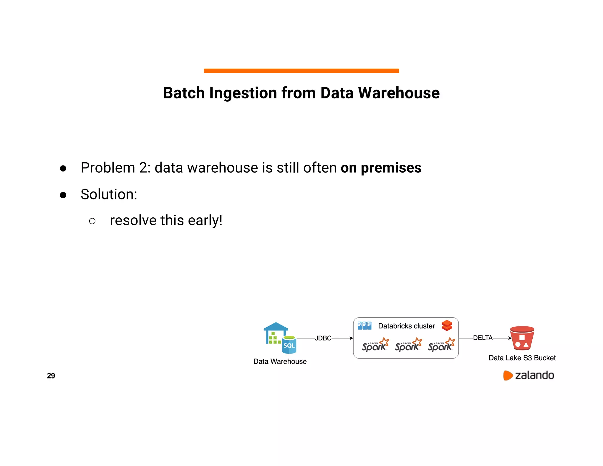 29 Batch Ingestion from Data Warehouse ● Problem 2: data warehouse is still often on premises ● Solution: ○ resolve this early! 