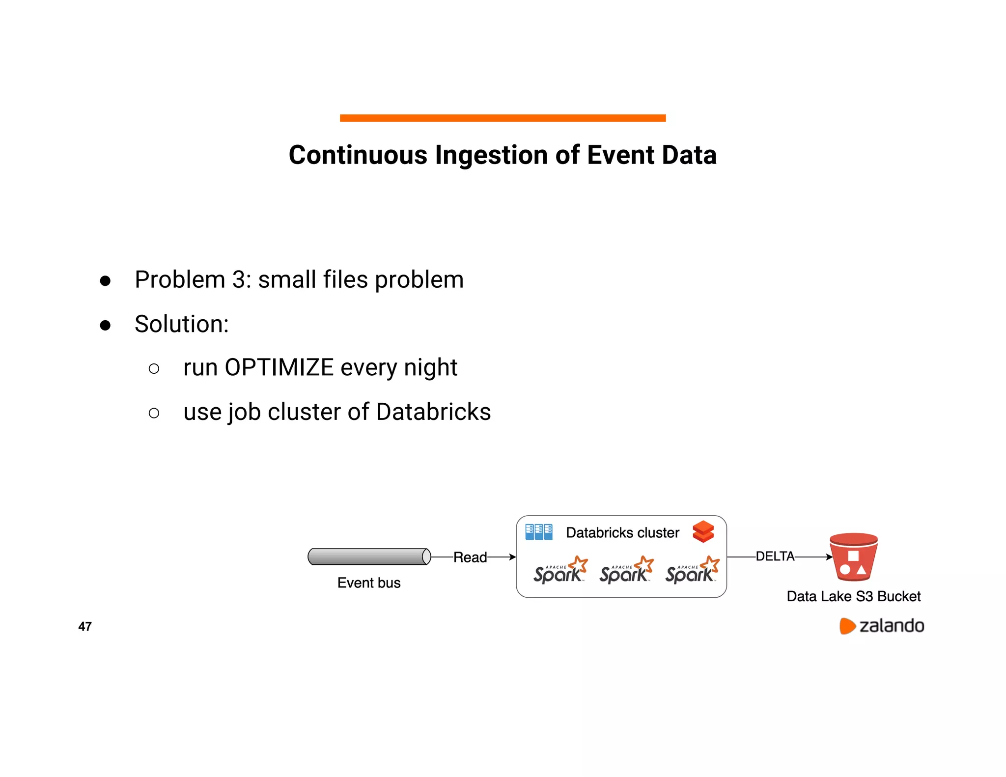 47 ● Problem 3: small files problem ● Solution: ○ run OPTIMIZE every night ○ use job cluster of Databricks Continuous Ingestion of Event Data 