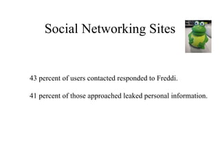 Social Networking Sites 43 percent of users contacted responded to Freddi. 41 percent of those approached leaked personal information. 