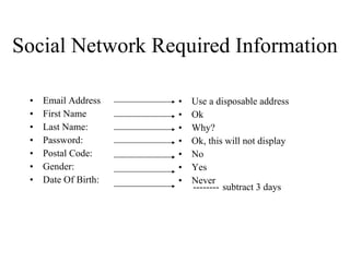 Social Network Required Information Email Address First Name Last Name: Password: Postal Code: Gender: Date Of Birth: Use a disposable address Ok Why? Ok, this will not display No Yes Never --------   subtract 3 days 