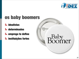 os baby boomers
 idealistas
 determinados
 emprego te deﬁne
 instituições fortes




                       29
 