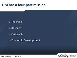 UM has a four-part mission



   » Teaching

   » Research

   » Outreach

   » Economic Development




       Slide 2
 