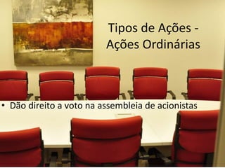 Tipos de Ações -
Ações Ordinárias
• Dão direito a voto na assembleia de acionistas
 