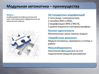 Модуль –
унифицированный функциональный
узел, конструктивно оформленный как
законченное изделие.
10 стандартных модификаций
2 типа (вода / электричество),
2 линейки (Mini и RR3),
2 модификации (RR3 и RR3-X),
3 уровня мощности электрокалорифера
Полная идентичность
Минимальные сроки замены модуля
«Коробочное решение»
Модули отлажены, проверены и готовы к
работе
Масштабируемость
Увеличение функционала за счет
подключения модулей расширения
 