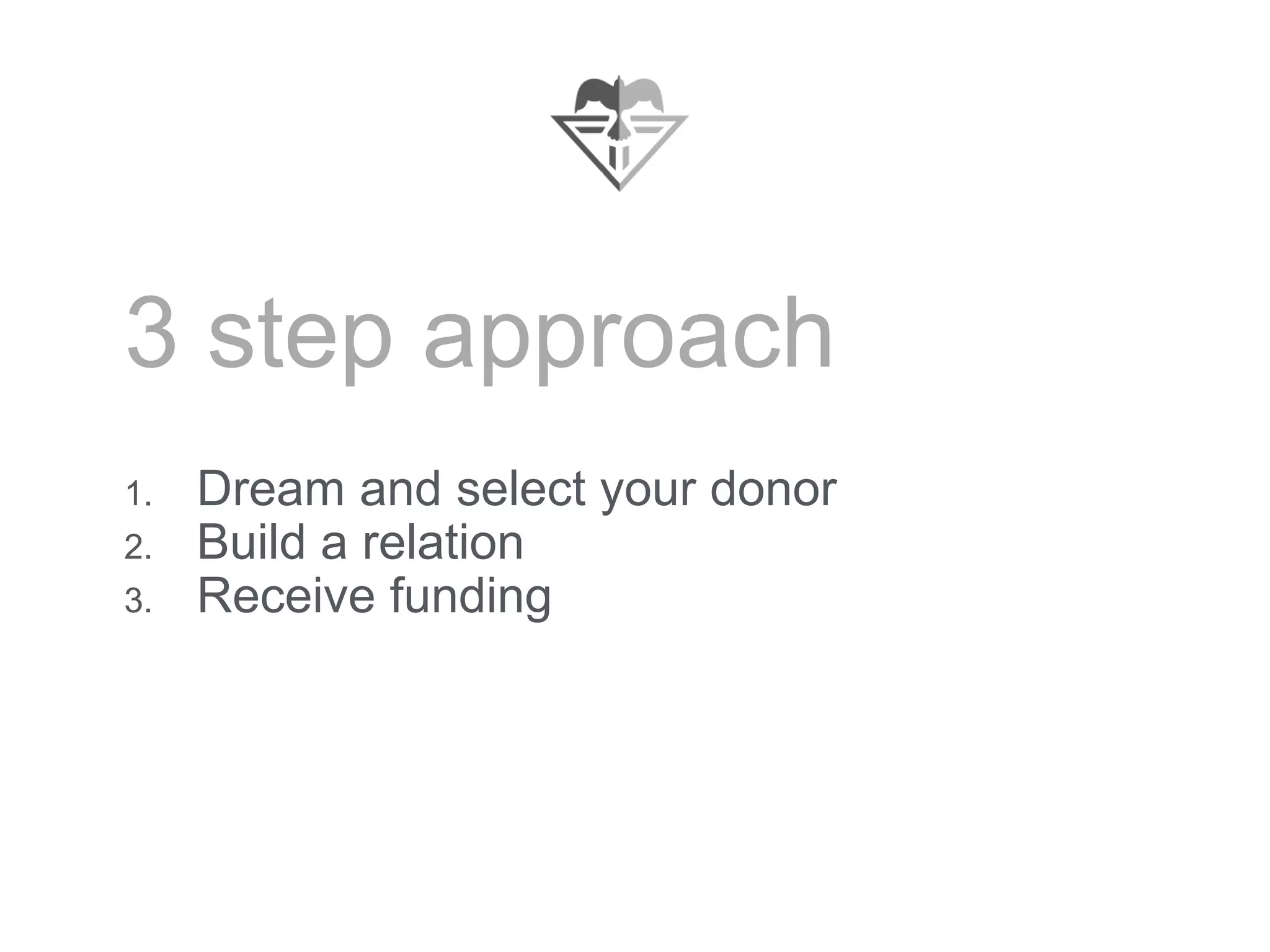 3 step approach
1. Dream and select your donor
2. Build a relation
3. Receive funding