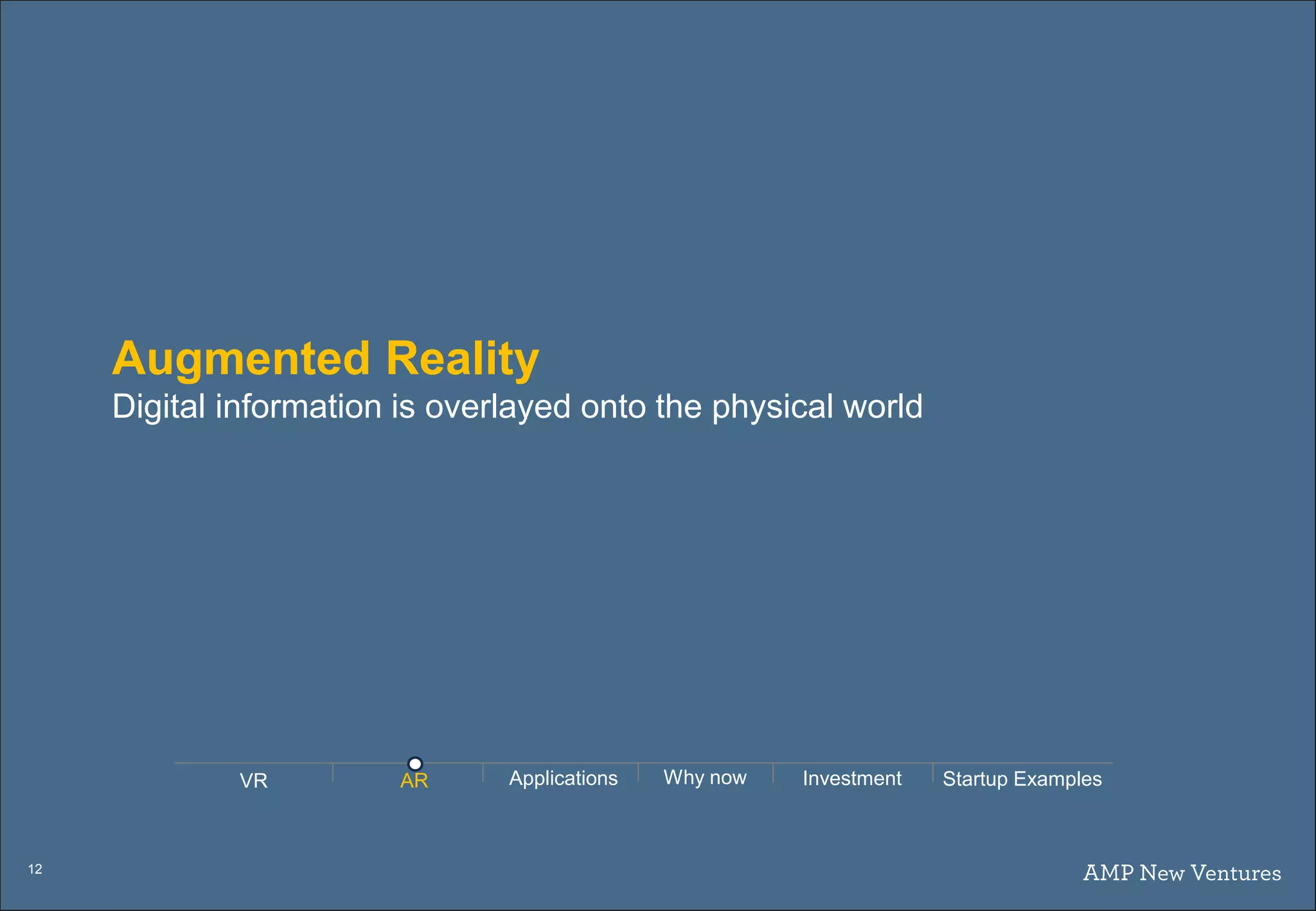 12
Augmented Reality
Digital information is overlayed onto the physical world
AR Applications Why nowVR Investment Startup Examples
 