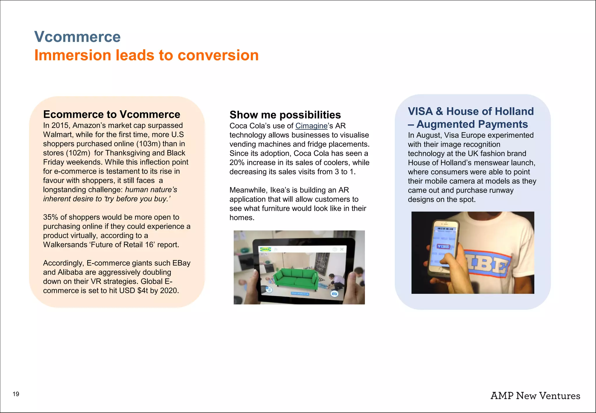 19
Vcommerce
Immersion leads to conversion
Ecommerce to Vcommerce
In 2015, Amazon’s market cap surpassed
Walmart, while for the first time, more U.S
shoppers purchased online (103m) than in
stores (102m) for Thanksgiving and Black
Friday weekends. While this inflection point
for e-commerce is testament to its rise in
favour with shoppers, it still faces a
longstanding challenge: human nature’s
inherent desire to ‘try before you buy.’
35% of shoppers would be more open to
purchasing online if they could experience a
product virtually, according to a
Walkersands ‘Future of Retail 16’ report.
Accordingly, E-commerce giants such EBay
and Alibaba are aggressively doubling
down on their VR strategies. Global E-
commerce is set to hit USD $4t by 2020.
Show me possibilities
Coca Cola’s use of Cimagine’s AR
technology allows businesses to visualise
vending machines and fridge placements.
Since its adoption, Coca Cola has seen a
20% increase in its sales of coolers, while
decreasing its sales visits from 3 to 1.
Meanwhile, Ikea’s is building an AR
application that will allow customers to
see what furniture would look like in their
homes.
VISA & House of Holland
– Augmented Payments
In August, Visa Europe experimented
with their image recognition
technology at the UK fashion brand
House of Holland’s menswear launch,
where consumers were able to point
their mobile camera at models as they
came out and purchase runway
designs on the spot.
 