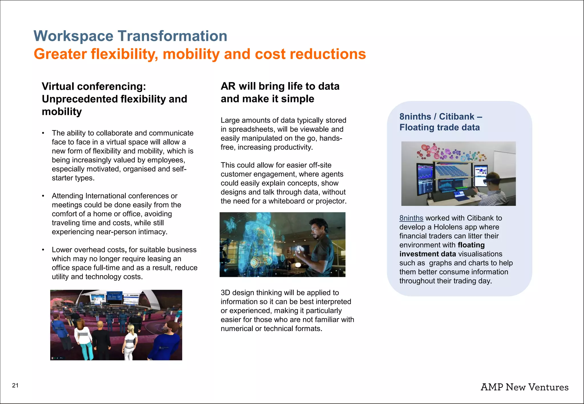 21
Workspace Transformation
Greater flexibility, mobility and cost reductions
AR will bring life to data
and make it simple
Large amounts of data typically stored
in spreadsheets, will be viewable and
easily manipulated on the go, hands-
free, increasing productivity.
This could allow for easier off-site
customer engagement, where agents
could easily explain concepts, show
designs and talk through data, without
the need for a whiteboard or projector.
Virtual conferencing:
Unprecedented flexibility and
mobility
• The ability to collaborate and communicate
face to face in a virtual space will allow a
new form of flexibility and mobility, which is
being increasingly valued by employees,
especially motivated, organised and self-
starter types.
• Attending International conferences or
meetings could be done easily from the
comfort of a home or office, avoiding
traveling time and costs, while still
experiencing near-person intimacy.
• Lower overhead costs, for suitable business
which may no longer require leasing an
office space full-time and as a result, reduce
utility and technology costs.
3D design thinking will be applied to
information so it can be best interpreted
or experienced, making it particularly
easier for those who are not familiar with
numerical or technical formats.
8ninths / Citibank –
Floating trade data
8ninths worked with Citibank to
develop a Hololens app where
financial traders can litter their
environment with floating
investment data visualisations
such as graphs and charts to help
them better consume information
throughout their trading day.
 