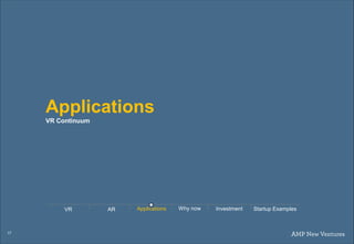 17
Applications
VR Continuum
AR Applications Why nowVR Investment Startup Examples
 