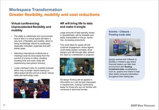 21
Workspace Transformation
Greater flexibility, mobility and cost reductions
AR will bring life to data
and make it simple
Large amounts of data typically stored
in spreadsheets, will be viewable and
easily manipulated on the go, hands-
free, increasing productivity.
This could allow for easier off-site
customer engagement, where agents
could easily explain concepts, show
designs and talk through data, without
the need for a whiteboard or projector.
Virtual conferencing:
Unprecedented flexibility and
mobility
• The ability to collaborate and communicate
face to face in a virtual space will allow a
new form of flexibility and mobility, which is
being increasingly valued by employees,
especially motivated, organised and self-
starter types.
• Attending International conferences or
meetings could be done easily from the
comfort of a home or office, avoiding
traveling time and costs, while still
experiencing near-person intimacy.
• Lower overhead costs, for suitable business
which may no longer require leasing an
office space full-time and as a result, reduce
utility and technology costs.
3D design thinking will be applied to
information so it can be best interpreted
or experienced, making it particularly
easier for those who are not familiar with
numerical or technical formats.
8ninths / Citibank –
Floating trade data
8ninths worked with Citibank to
develop a Hololens app where
financial traders can litter their
environment with floating
investment data visualisations
such as graphs and charts to help
them better consume information
throughout their trading day.
 