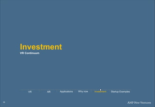 26
Investment
VR Continuum
AR Applications Why nowVR Investment Startup Examples
 